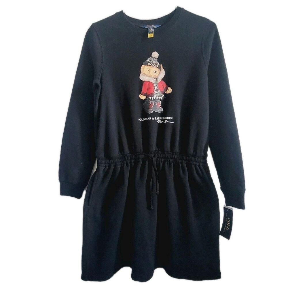 Polo Ralph Lauren Bear Girls Black Fleece Dress Size L 12/14 NWT